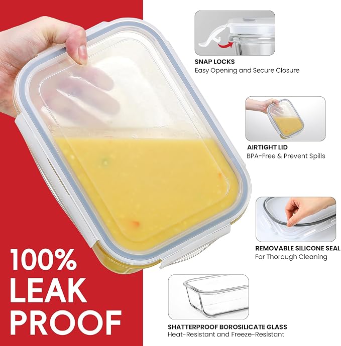 4 Pack 8 Cups/ 63oz Large Glass Storage Containers with Lids, Meal Prep Containers, Glass Food Storage with Airtight Lid for Baking, Leak Proof & Microwave, Oven Safe (4 Containers + 4 Lids)