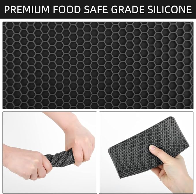 Silicone Trivets Mats, Silicone Hot Pads for Pot Holder, Square Trivets for Hot Dishes, Pots and Pans, Multipurpose Hot Pads for Kitchen Counter, Non Slip Heat Resistant Mats Set 4 Black