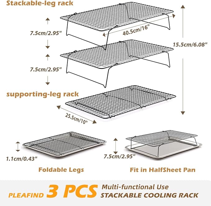 Pleafind 3 PCS Stackable Cooling Rack -16 x 10 Inch Heavy Duty Stainless Steel Baking Racks, Cooling Racks for Cooking and Baking, Ideal for Roasting, and Drying, Oven and Dishwasher Safe