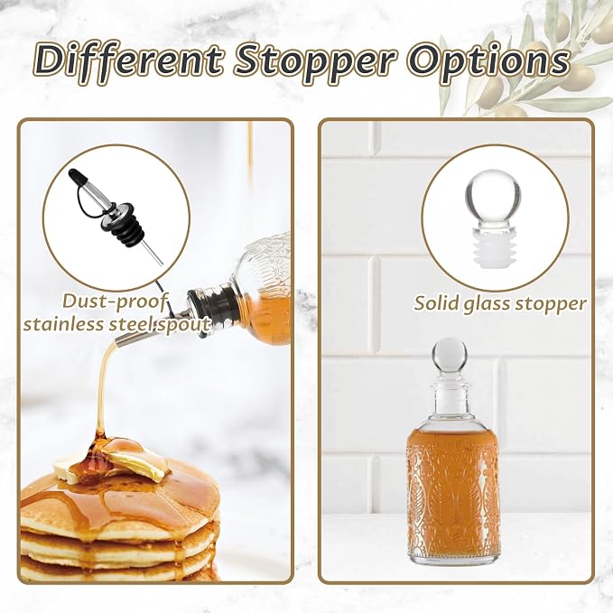 Retro Glass Syrup Dispenser Bottle 7oz, Oil and Vinegar Cruet with Stainless Steel Pour Spout, Labels, Funnel & Stopper(Leaf)