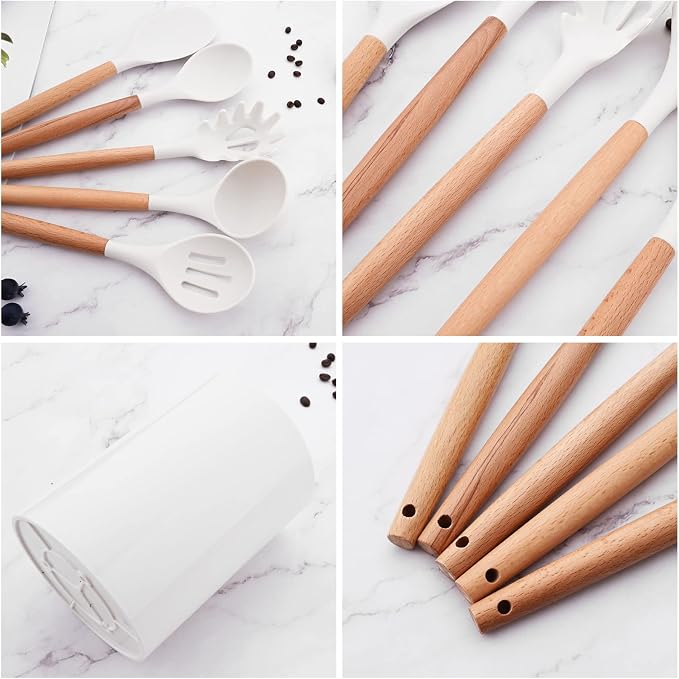 1pc White Silicone Soup Ladle Spoon with Wooden Handle, Heat Resistant Cooking Utensils, Large Nonstick Serving Scoop for Sauce, Soup, Stew, Chili, Salad Dressing and Pancake Batter.