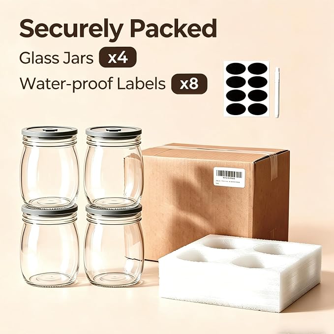 28oz 4 Pack Glass Canisters with Airtight Lids, Glass Storage Containers | Glass Canisters with Airtight Lids, Wide Mouth Mason Jars for Salad, Cookie, Overnight Oats, Canning, Fermentation, Pickling
