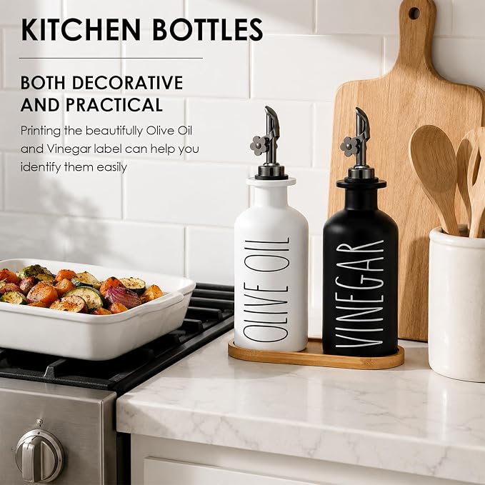 HOMCDALY Premium Olive Oil Dispenser for Kitchen, 11.8oz Glass Oil Bottles with Bamboo Tray, Oil&Vinegar Cruet Set, Kitchen Dispenser Bottles with Pourer | Set of 2 (11.8oz –P–Black&White)