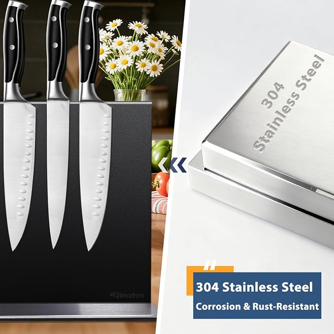 Magnetic Knife Block Stand Without Knives Stainless Steel 12 Inch Black Double Sided Home Kitchen Organizer Storage Knife Holder Board for Counter Top with Strong Magnets