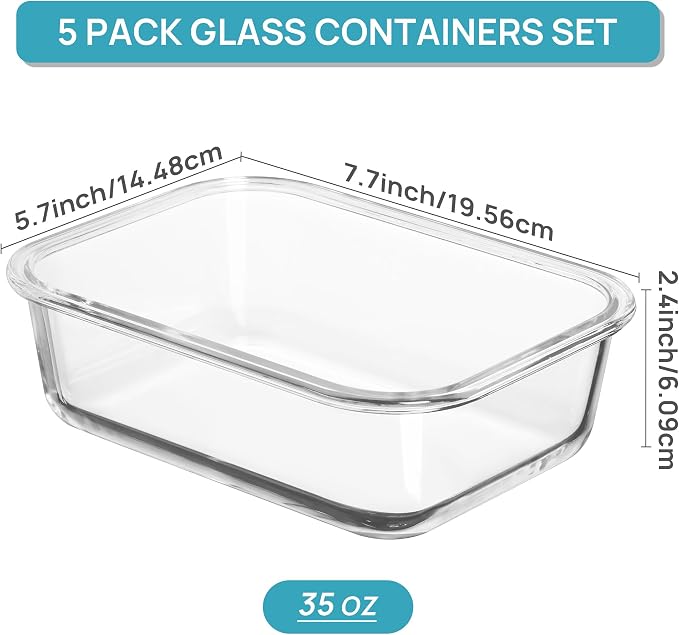 Vtopmart 5 Pack 35oz Glass Food Storage Containers with Lids, Blue | Meal Prep Containers, Airtight Reusable Lunch Container Set, Safe for Oven, Microwave, Freezer, and Dishwasher, BPA Free