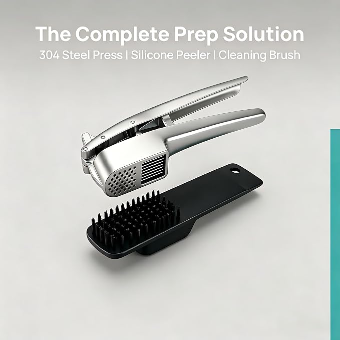 Stainless Steel Garlic Press Rocker - Professional Grade 304 Garlic Crusher & Mincer with Silicone Peeler and Cleaning Brush, Ergonomic Wide Handle, Dishwasher Safe Kitchen Gadget