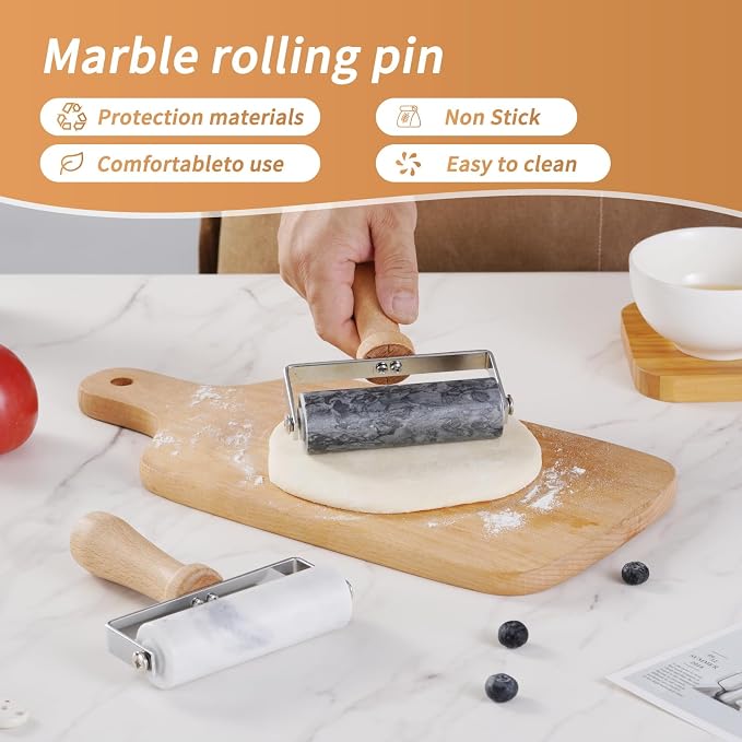 Small Marble Rolling Pin for Dough-Non-Stick T-shaped Hand Roller for Dough,Compact-Ideal for Home Bakers(Type A Black)