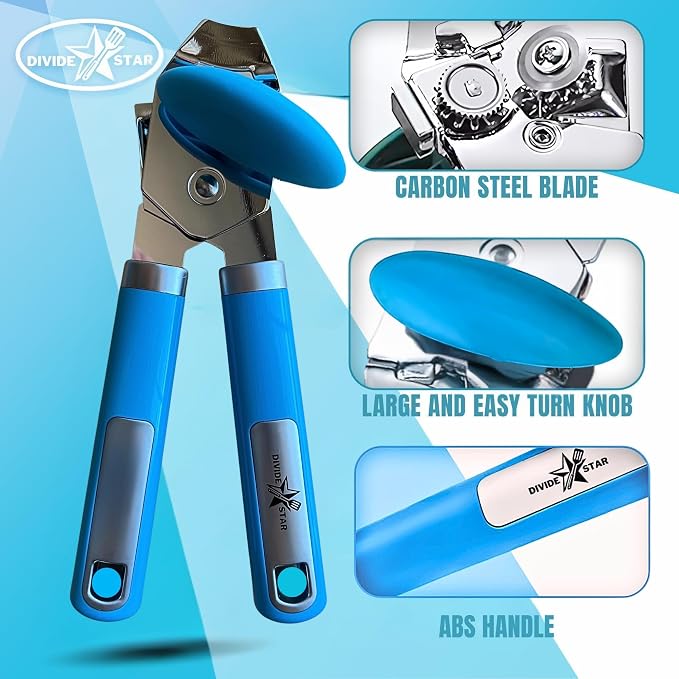 Manual Can Opener for Seniors, Blue | Easy-Turn Knob, Cleaner Edge Cutting, Magnetic Lid Lifter, Heavy-Duty Carbon Steel Blade, Ergonomic Comfort Grip