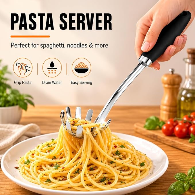 Stainless Steel Pasta Spoon, Spaghetti Server with Teeth, Metal Pasta Fork for Noodles, Linguine, Fettuccine and Macaroni, Dishwasher Safe