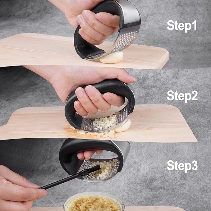 Garlic Press Rocker - Rust Proof & Dishwasher Safe Garlic Mincer, Stainless Steel Garlics Crusher Chopper Set with Peeler Brush, Easy to Clean and Squeeze, Masher for Garlics, Ginger, Spices