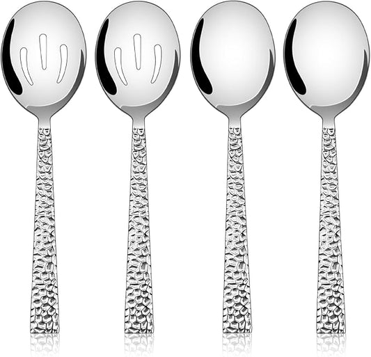 E-far Hammered Serving Spoons, 4-Piece Stainless Steel Serving Utensils Set Includes Slotted & Solid Spoons, Metal Hostess Tablespoons for Catering Buffet Party Kitchen Restaurant