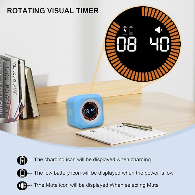 Rotating Cube Visual Pomodoro Timer 5, 25, 10 50 Minutes Preset + Custom Countdown, Rechargeable Desk Productivity Flip Timer with Detachable Silicone Cover for ADHD Study Work Kitchen School (White)