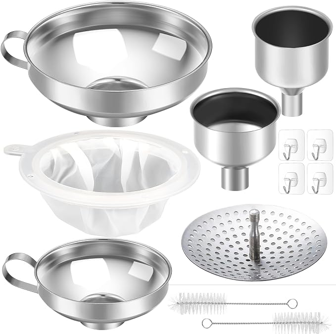 Gejoy 12 Pcs Metal Canning Funnels Set Wide Mouth Mason Jar Funnels for Filling Stainless Steel Kitchen Filter with Strainer Mesh Filter Brushes and Adhesive Hooks, Silver