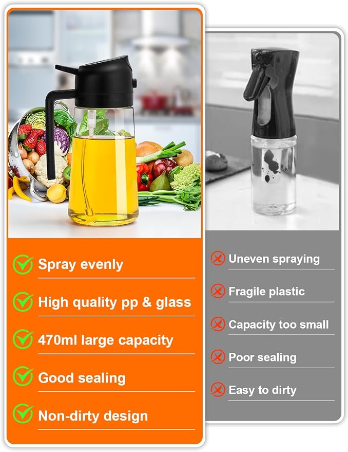 Oil Sprayer for Cooking Oil Oil Spray Bottle Kitchen 2 in 1 Glass Oil Atomiser 470 ml Oil Sprayer Oil Bottle Oil Dispenser for Grilling, Cooking, Salads, Baking, Healthy Food Kitchen Utensils