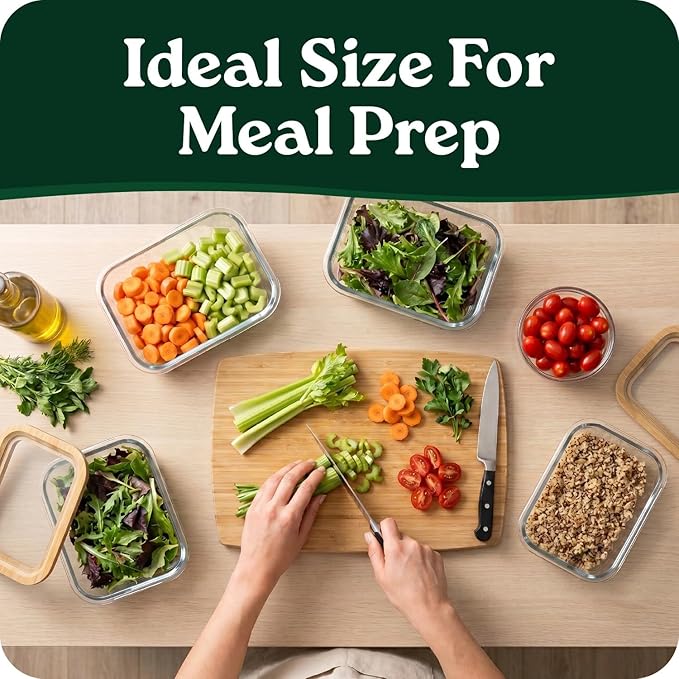 6-Pack Glass Food Storage Containers with Glass Lids & Bamboo Rim – Plastic Free 27 Oz Glass Meal Prep Containers for Lunch, Eco Friendly Airtight Food Storage, Microwave & Oven Safe
