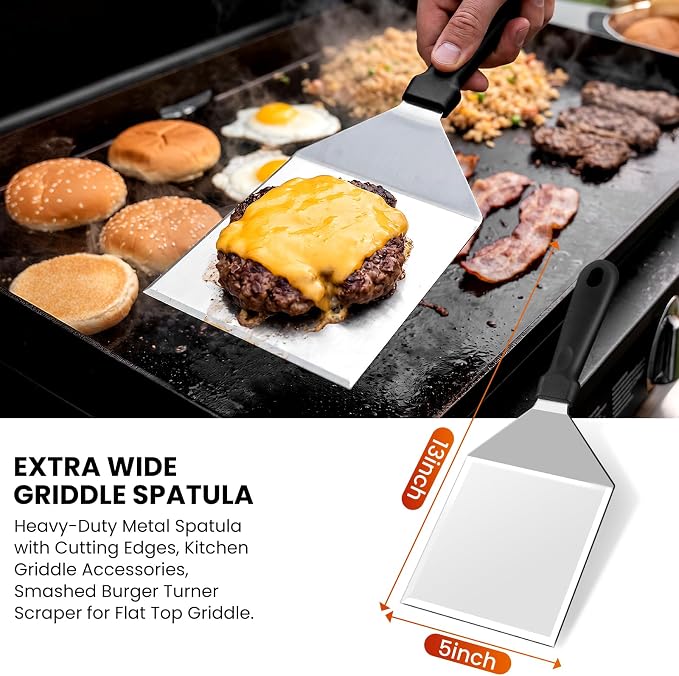 9PCS Griddle Accessories Kit, Flat Top Grill Accessories Set for Blackstone and Camp Chef, Grill Spatula Set with Enlarged Spatulas, Scraper - Outdoor Barbecue Tools Gifts for Men Dad Him