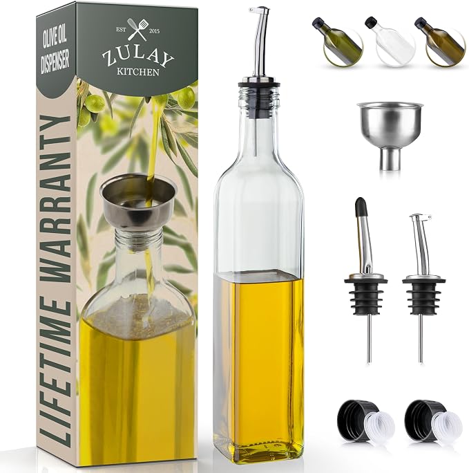 Zulay Kitchen 17oz Olive Oil Dispenser Bottle – Glass Oil Cruet with Spout, Funnel & Pourers, Easy-Pour Decanter for Kitchen Cooking and Serving (Clear)
