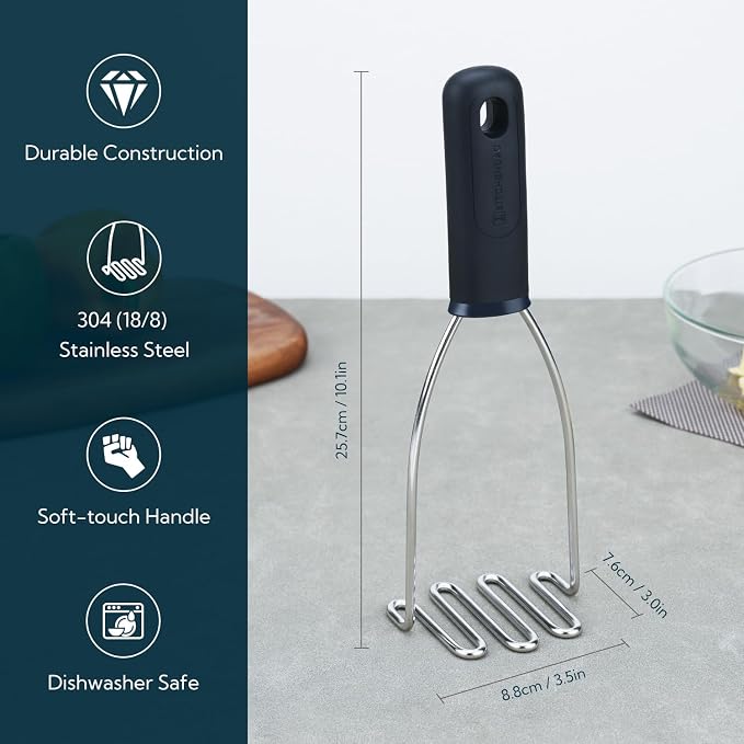 KITCHENDAO 304 Stainless Steel Potato Masher, Heavy Duty Kitchen Tool with Soft-Touch Comfort Grip Handle, Dishwasher Safe & Easy-Store Hanging Loop