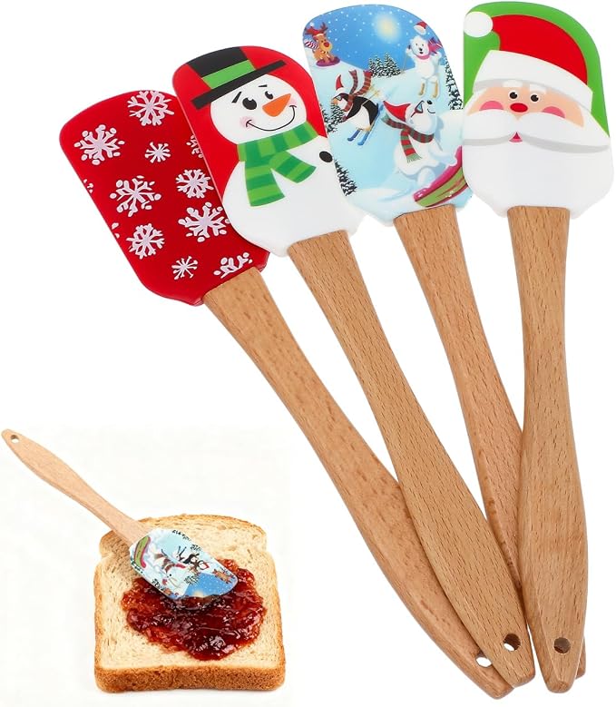 Christmas Spatula Set, 4 Pieces Kitchen Christmas Silicone Spatula Set with Wooden Handle for Baking Cooking and Christmas (Assorted Color)