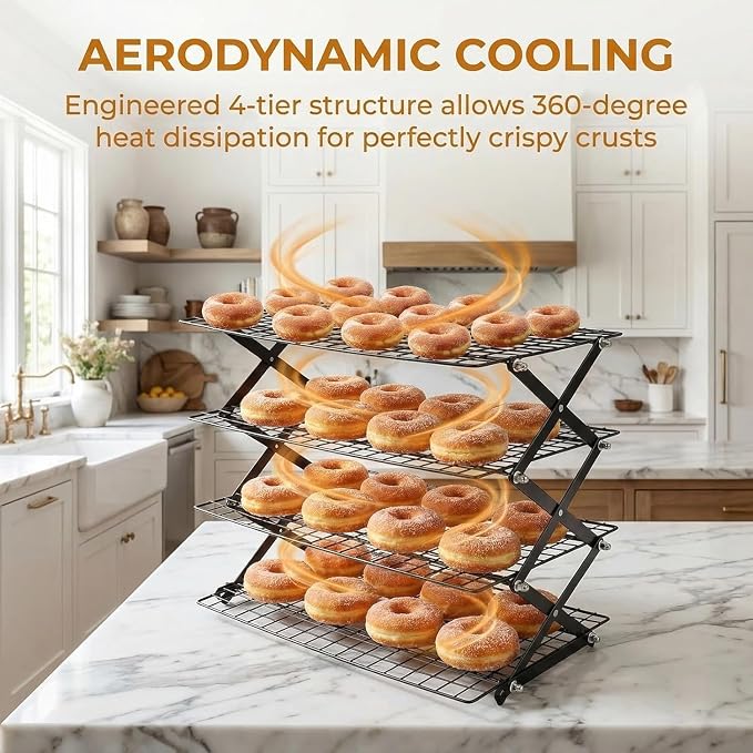 Collapsible Cooling Rack, Adjustable Stainless Steel Drying Rack (FOLD-4-TIER) | X-Shaped Structure Wire Cooling Rack for Baking, Cookies, Cake, Fruit, Bread,Roasting, Grilling, Drying Rack, Dishwasher Safe