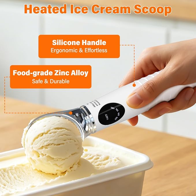 TRELC Heated Ice Cream Scoop Rechargeable, Electric Ice Cream Scooper with 4-Level Temp 100-160℉ & LED Display, 2500mA Battery, Ergonomic Handle, Easy to Scoop for Hard Ice Cream(White)