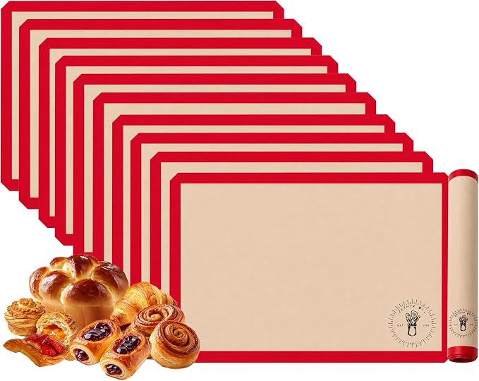 Silicone Baking Mats - Full Size Baking Sheet Liners, Pack of 10, Red | Multi Pack, Non-Stick Silicone Baking Sheet Liner, Perfect For Baking Macarons, Cookies, Pastry & Cakes, 16x24 in (40x60 cm)