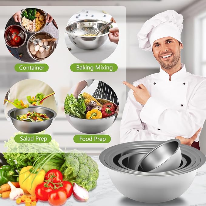 Mixing Bowls Set, Stainless Steel Mixing Bowl Set of 5, Space-Saving Nesting Metal Mixing Bowls for Home Kitchen, RV Kitchen, Baking, Prep, Cooking, Serving, Marinating