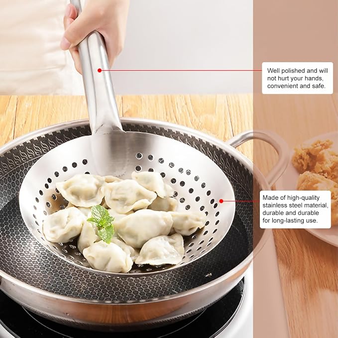 CALLARON Home Multi-Functional Stainless Steel Skimmer Ladle with Fine Mesh Wire Filter Spoon for Oil Straining and Cooking Large 16.92 X 9.44 X 2.36 Inch Kitchen Utensil