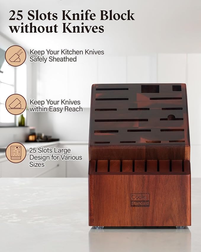 Cooks Standard Classic Bamboo Cutlery Block Holder without Knives, X-Large Universal Countertop Butcher Block Kitchen Knife Stand for Easy Kitchen Storage, Made of Natural Acacia Wood, 25 Slot