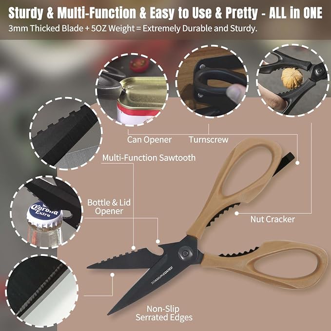 Kitchen Scissors All Purpose, Extra Sharp Kitchen Shears with Knife Sharpener & Sheath, Solid & Durable Stainless Steel Scissors with ANTI-RUST Black Titanium Plated, Dishwasher Safe - Brown