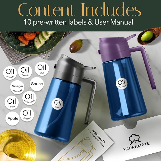 YARRAMATE 16oz/470ml Light-Blocking Dark Oil Sprayer for Cooking (Purple) | 2 in 1 Olive Oil Dispenser Bottle for Kitchen, Premium Blue Glass Oil Bottle, Food-Grade Oil Mister for Air Fryer, BBQ