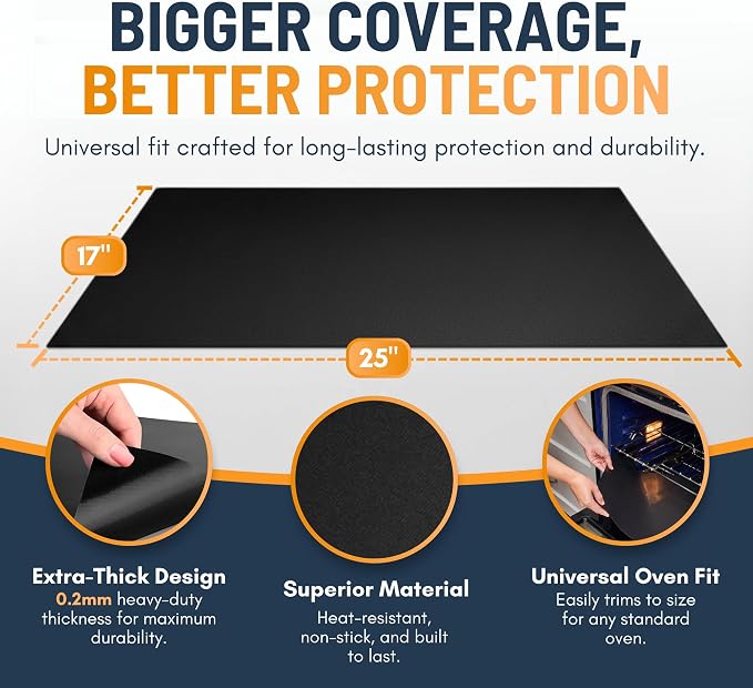 Oven Liners for Bottom of Oven - 4 Pack Large Heavy Duty Mats, 17”x25” Non-Stick Reusable Liner for Electric, Gas, Toasters, Grills - BPA & PFOA Free Kitchen Accessory to Keep It Clean (Black)