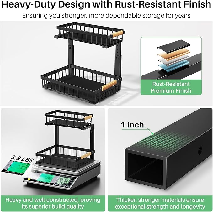 Kitstorack Under Sink Organizer, 2 Tier Under the Sink Storage, Slide out Pull out Cabinet Organizer Shelf, Metal Sliding Drawer for Kitchen Bathroom Pantry Closet Organization Rack, Black, 1 Pack