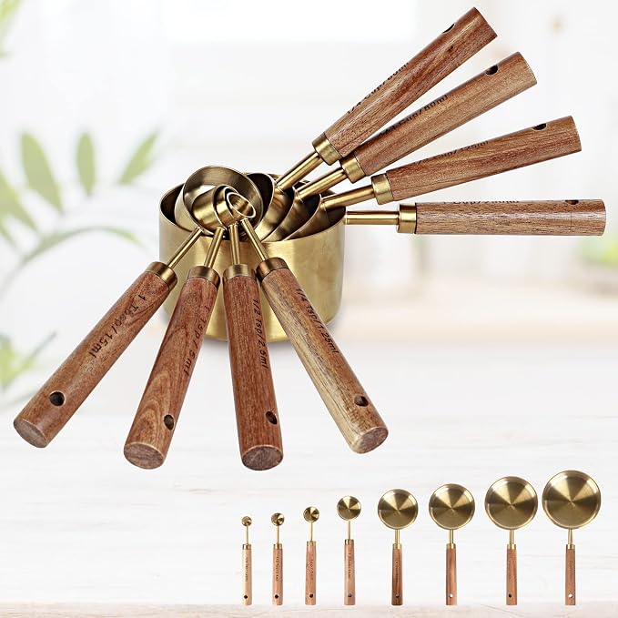 Collection 8 Piece Gold Measuring Cups Set and Measuring Spoons, Golden With fragrant wood Handles-Complete Set of Measure Cups and Spoons For Cooking and Baking.…