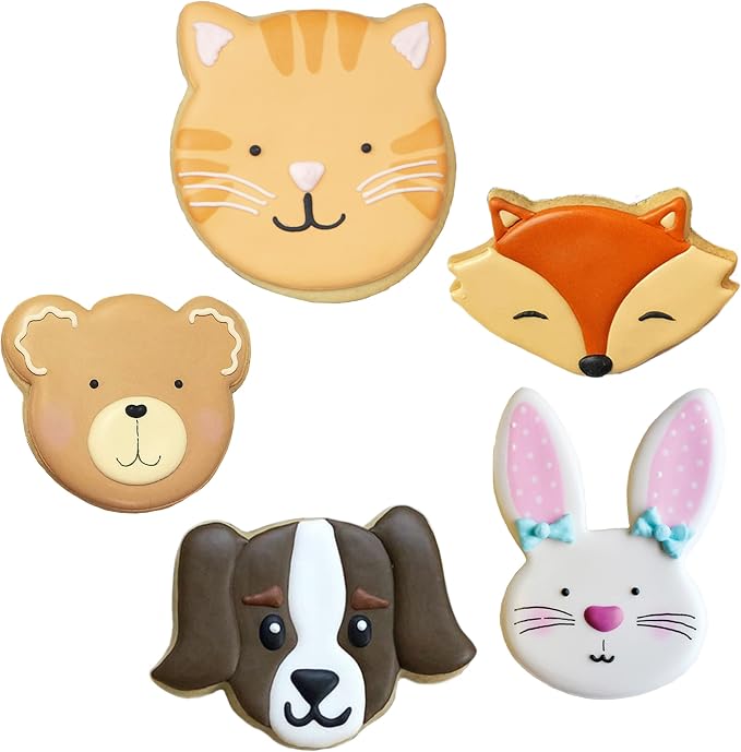 Ann Clark Animal Faces Cookie Cutters 5-Pc. Set (Cat, Dog, Bear, Raccoon/Fox, Bunny) Made in USA