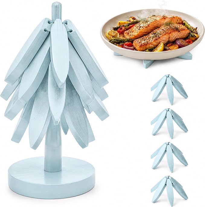 Wooden Trivets for Hot Dishes – Tree Trivet Set with 4 Foldable Wooden Trivets & 1 Stand, Heat-Resistant, Space-Saving Trivet Tree for Pots, Bowls & Teapots (Soft Aqua)