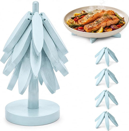 Wooden Trivets for Hot Dishes – Tree Trivet Set with 4 Foldable Wooden Trivets & 1 Stand, Heat-Resistant, Space-Saving Trivet Tree for Pots, Bowls & Teapots (Soft Aqua)