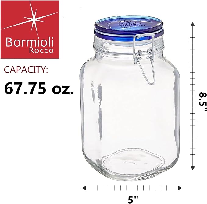 Bormioli Rocco Fido Glass Canning Jar, Blue Lid - 67.75 oz Airtight Container with Clamp Lock Canister for Preserving Vegetables, Sauces & Cooking “Au Bain-Marie” - Italian Glass, Dishwasher Safe