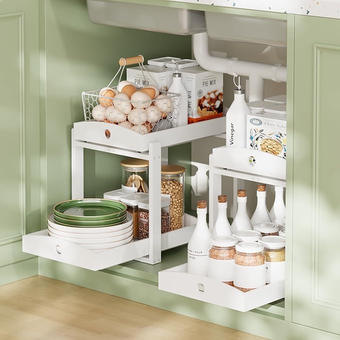 2 Pack Bamboo Under Sink Organizer, 2-Tier Pull-Out Drawers, Kitchen & Bath | Pull-out drawers keep cleaners and tall bottles visible, organized and easy to reach in kitchen or bathroom cabinets