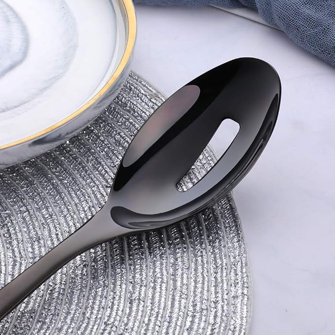 Long Handle Serving Set, 10 inch Stainless Steel Polished Serving Spoon, Fork, Slotted Spoons, Set of 3 (Black)