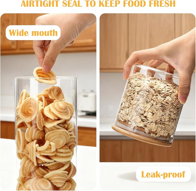 5 Pack Airtight Glass Jars with Bamboo Lids, Glass Food Storage Containers | Glass Canisters with Airtight Lids, Glass Storage Containers with Lids for Pasta, Cereal, Cookie, Coffee Beans, Nuts, Flour