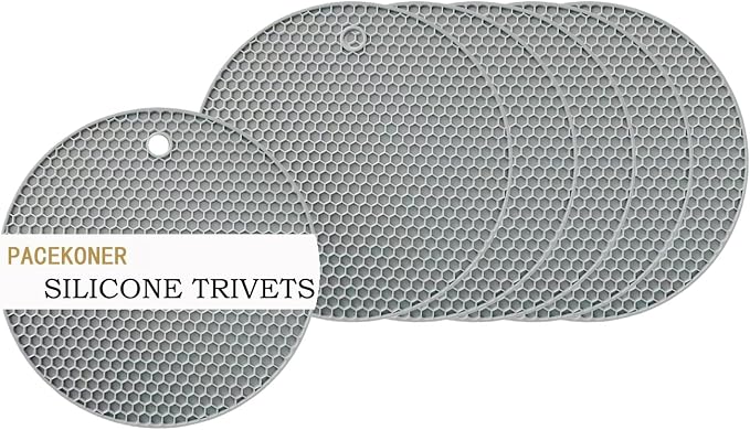 6-Pack Silicone Trivet Mats, Heat Resistant Hot Pads, Dishwasher Safe Kitchen Mats, BPA-Free Pot Holders for Table, Countertop, Stove, Honeycomb Design (Grey, 7“ Round)