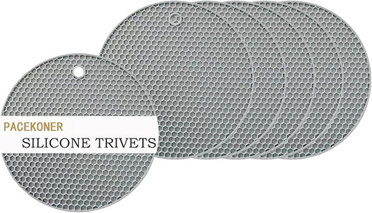6-Pack Silicone Trivet Mats, Heat Resistant Hot Pads, Dishwasher Safe Kitchen Mats, BPA-Free Pot Holders for Table, Countertop, Stove, Honeycomb Design (Grey, 7“ Round)