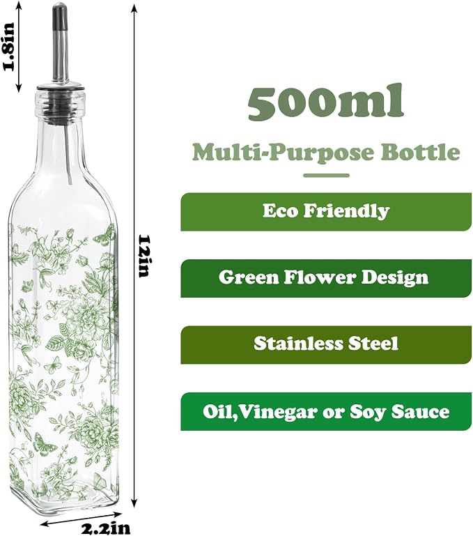 JarThenaAMCS Chinoiserie Olive Oil Dispenser Bottle Green Floral Glass Cruet Bottle with Spout Cooking Vinegar Container for Home Kitchen Table Countertop Decor