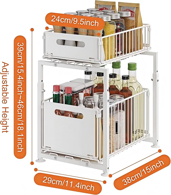 Under Sink Organizer, 2-Tier Multi-Use Kitchen and Bathroom Organizers and Storage, Slide Out Thickened Metal Under The Sink Organizer for Kitchen Bathroom Pantry (Style A White, 2 Pack)