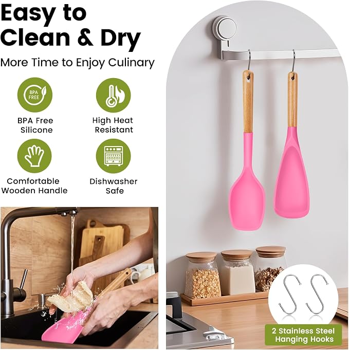 Large Silicone Cooking Spoons Set, 2 Pcs Heat Resistant Serving Spoon, Multifunction Nonstick Spatula Spoon for Mixing, Stiring, Basting, Scooping,Scraping (Berry Carnival Fuchsia)