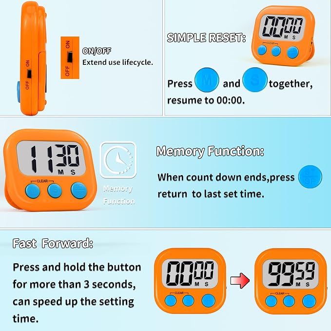 Timer for Kids Teachers Supplies Digital Kitchen Timers for Cooking Large Magnetic Classroom Timer 4Pack-Orange Green