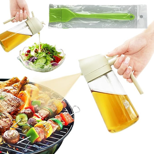 2 in 1 Olive Oil Dispenser With Brush and Sprayer - 16oz Kitchen Bottle (White)