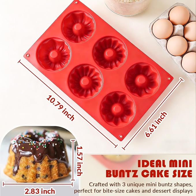 HKNMTT 2Pcs Mini Buntz Cake Pan 6-Cavity Non Stick Baking Molds 3 Shaped | Food-Grade & BPA Free Silicone, Oven Safe, for Baking Cakes, Jelly, Brownie