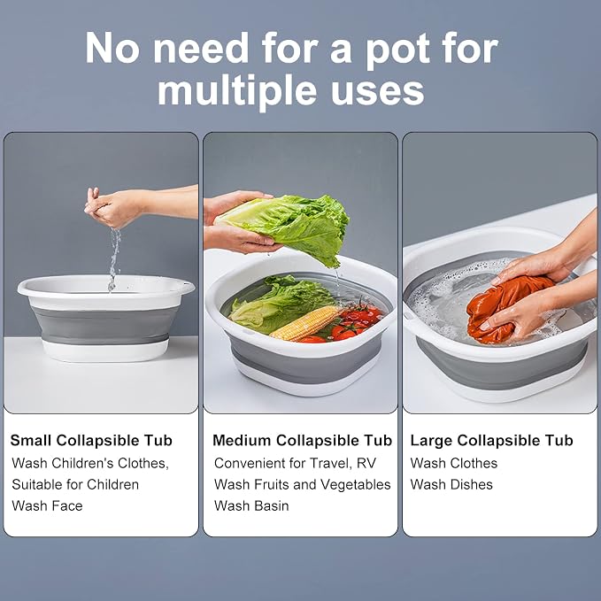 Collapsible Tub Wash Basin Laundry Tub 3 Pack Collapsible Laundry Baskets Foldable Dish Tub Plastic Washtub Space Saving Storage Container for Dishing, Fruit, Camping, Laundry, Hiking & Home (Grey)